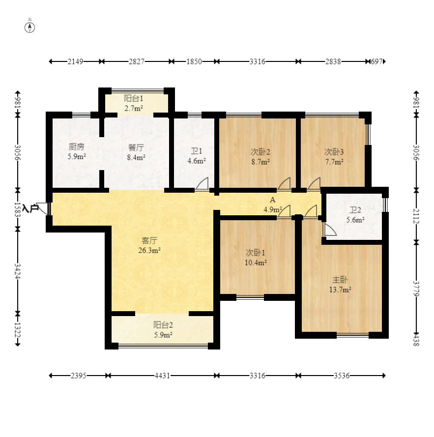 中建悦和城  4室2厅2卫   128.00万室内图1