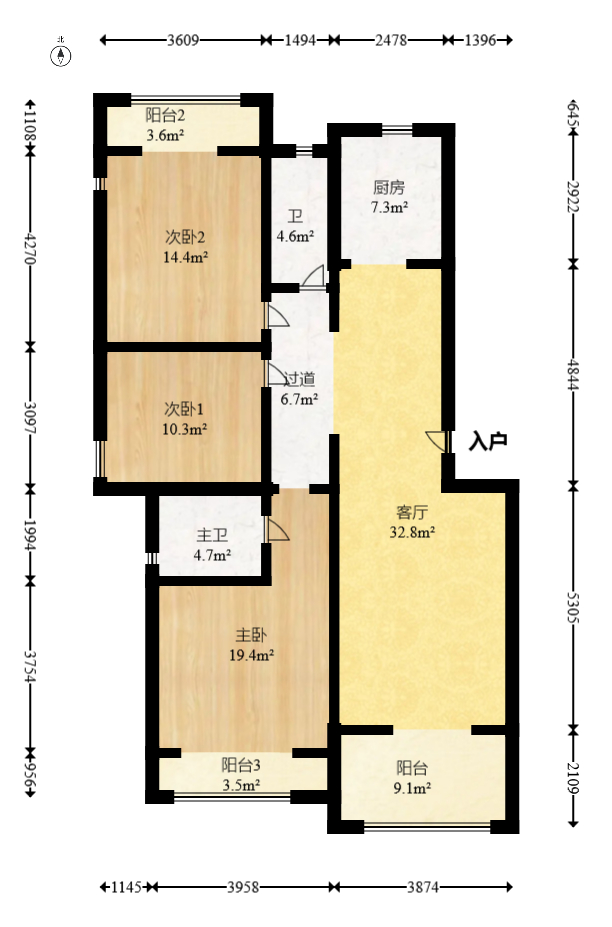 幸福考拉  3室2厅2卫   96.00万室内图1