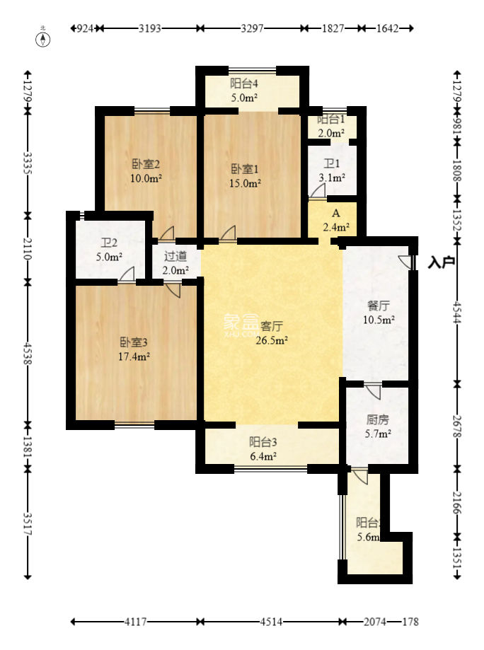 上河国际C区  3室2厅2卫   105.00万