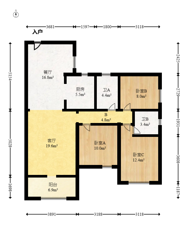 幸福庄园  3室2厅2卫   68.00万室内图1