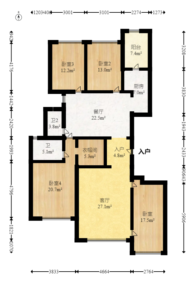 恒大华府  4室2厅2卫   260.00万室内图1