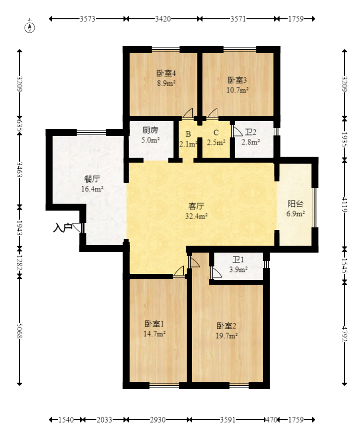 明发阅江悦府  4室2厅2卫   124.00万室内图1