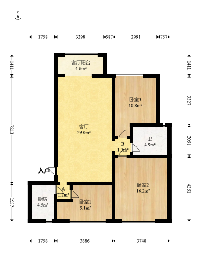 和庄  3室2厅1卫   110.00万室内图1