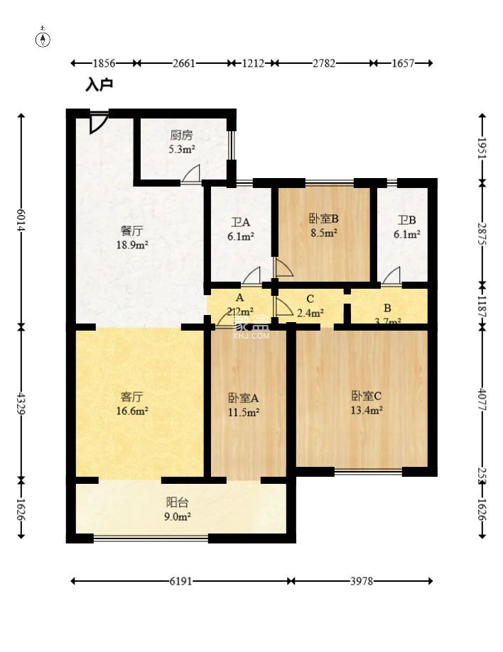 五矿万境蓝山  2室2厅1卫   2400.00元/月户型图