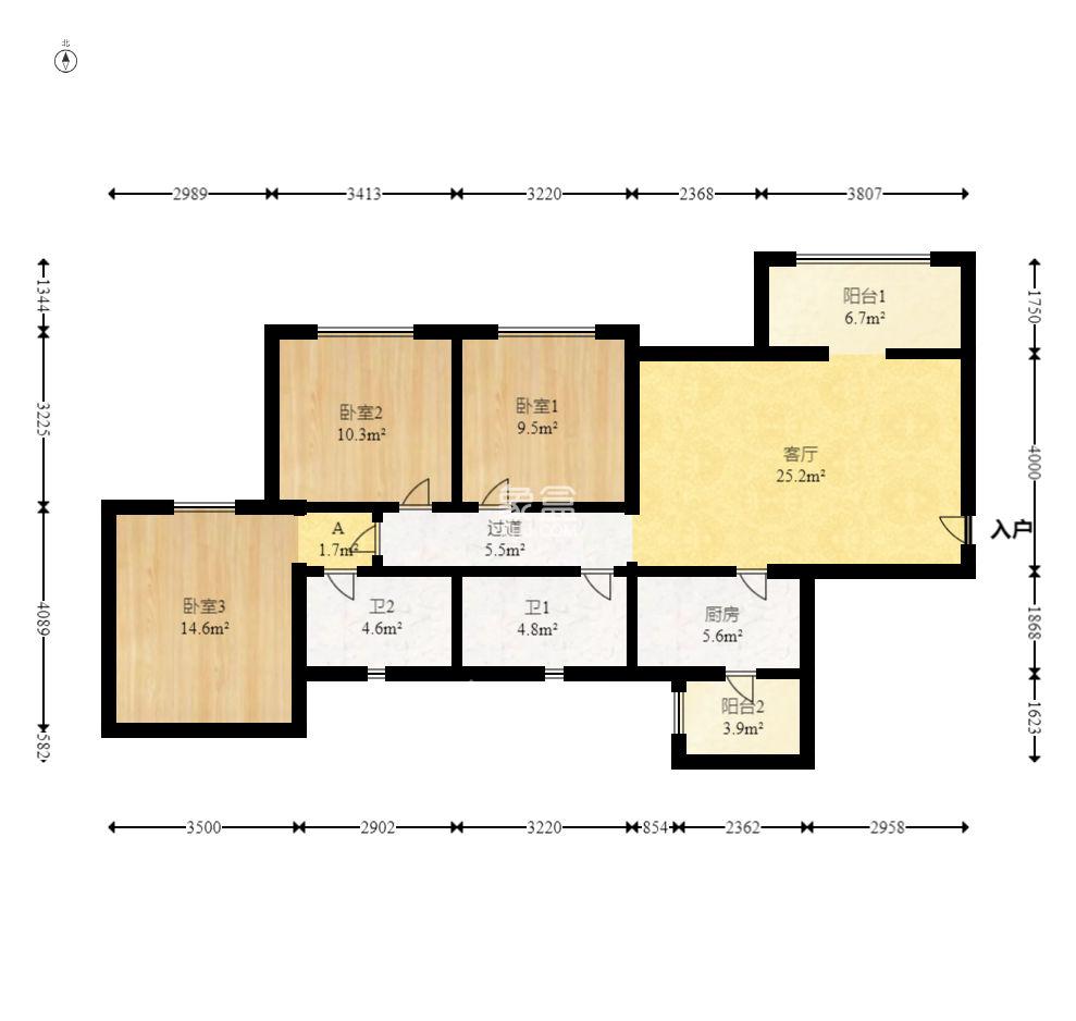 恒大名都 3室1厅2卫 1500.0元/月 恒大名都 3室1厅2卫 1500.0元/月户型图