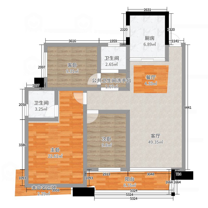 荣盛花语书院  3室2厅1卫   65.00万户型图