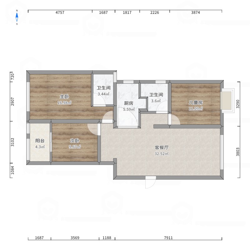 山水印象  3室2厅2卫   2200.00元/月户型图