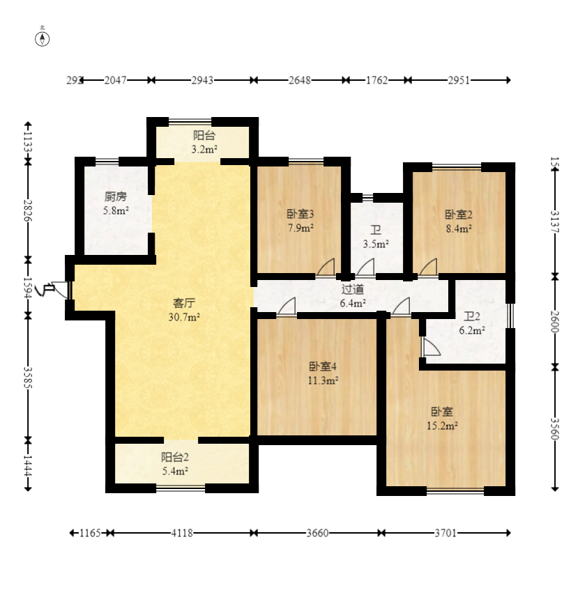 长房云公馆  4室2厅2卫   124.00万室内图1