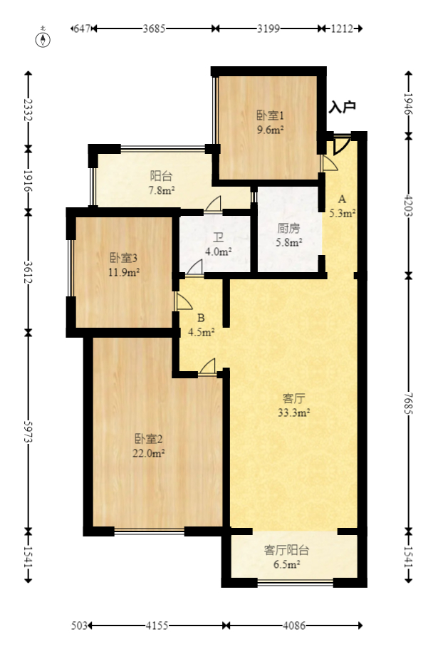 才子嘉都  3室2厅1卫   128.00万室内图1