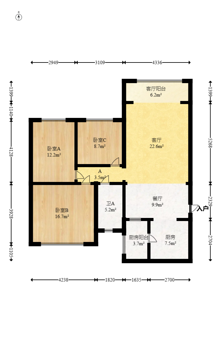 恒大御景湾  3室1厅1卫   158.00万室内图1