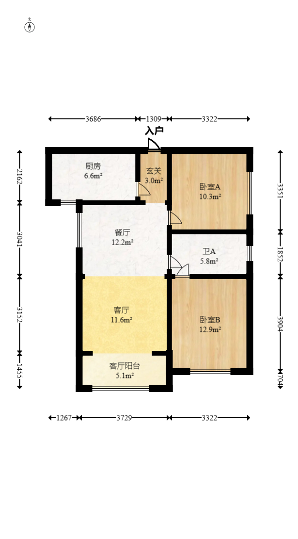 滨江海棠湾  2室2厅1卫   66.00万室内图1