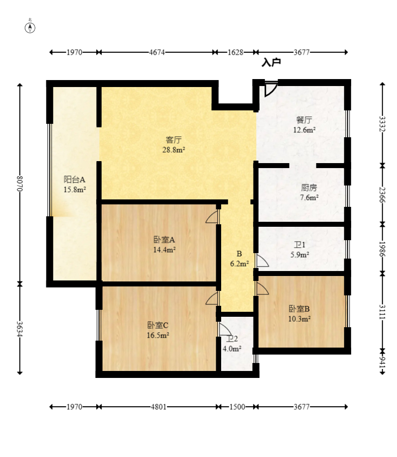 香樟景苑  3室2厅2卫   105.00万室内图1
