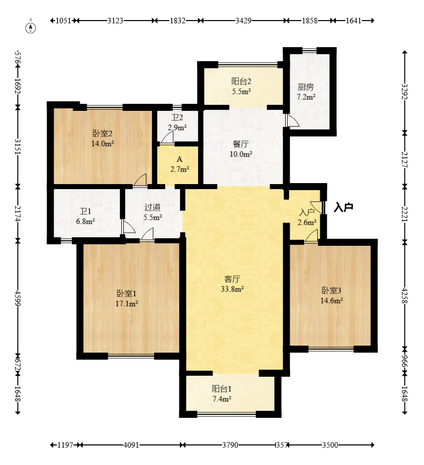 西子花苑  3室2厅2卫    116.98万室内图1