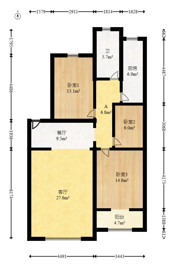 海华花园（京电大厦）  3室2厅1卫   58.80万室内图1