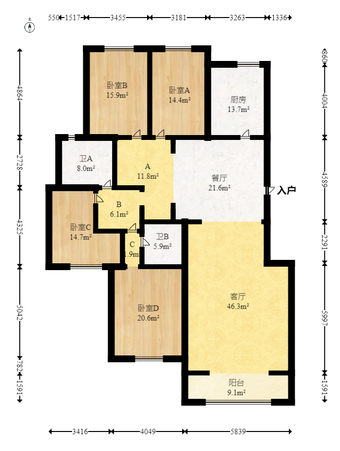 左岸春天  4室2厅2卫   188.00万室内图1