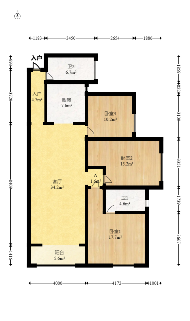慢步江湾  3室2厅2卫   102.00万室内图1