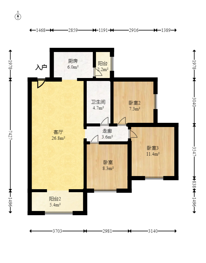 恒大江湾  3室2厅1卫   90.00万室内图1
