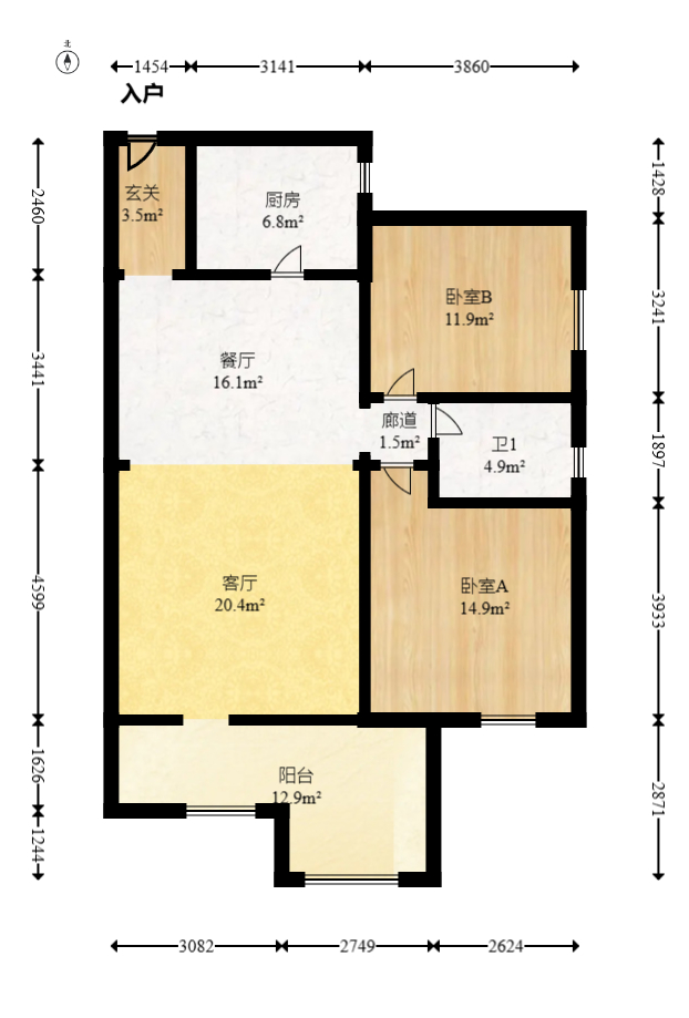 江山帝景雅典  2室2厅1卫   106.50万室内图1