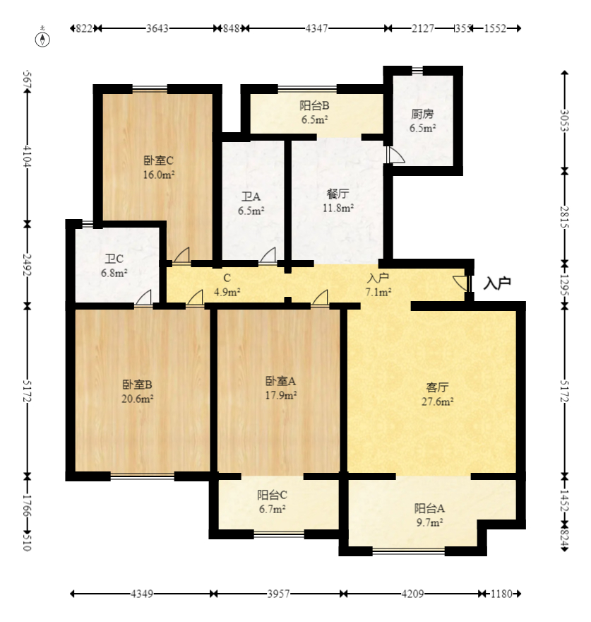 中天瑞景  3室2厅2卫   120.00万室内图1