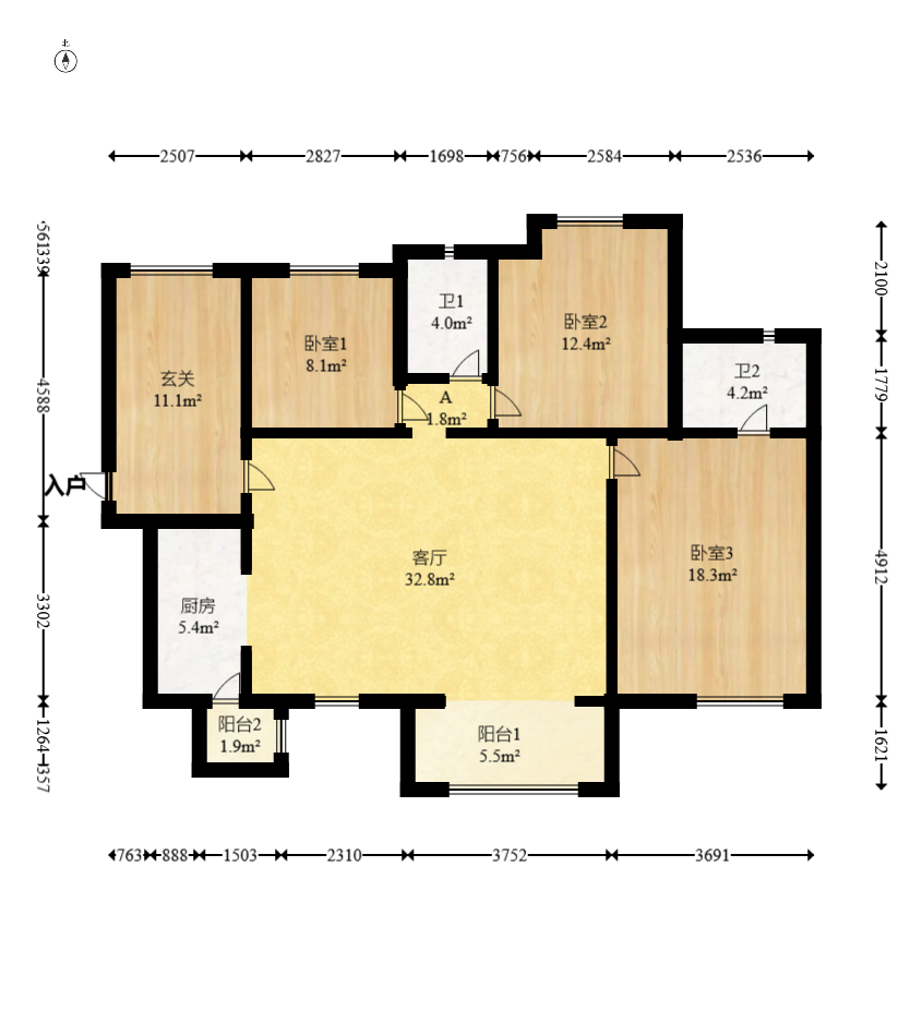 时代倾城二期  3室2厅2卫   91.00万室内图1