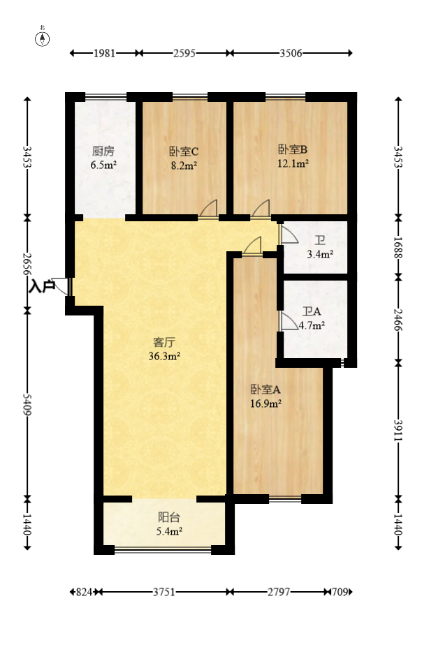 中房F联邦  3室2厅2卫   95.00万室内图1