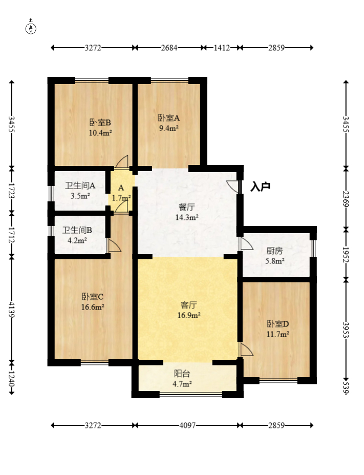 绿地新都会  4室2厅2卫   113.00万室内图1