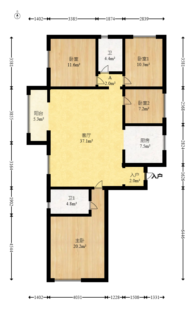 三一街区  4室2厅2卫   96.80万室内图1