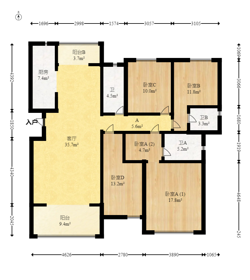 中建梅溪湖中心  4室2厅3卫   265.00万室内图1
