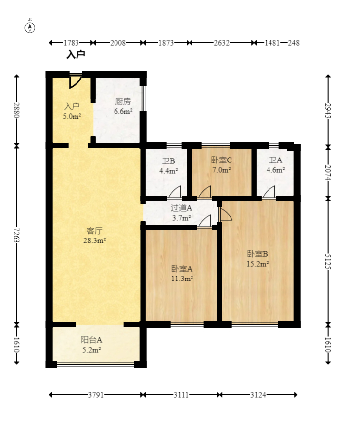万科魅力之城  3室2厅2卫   95.00万室内图1