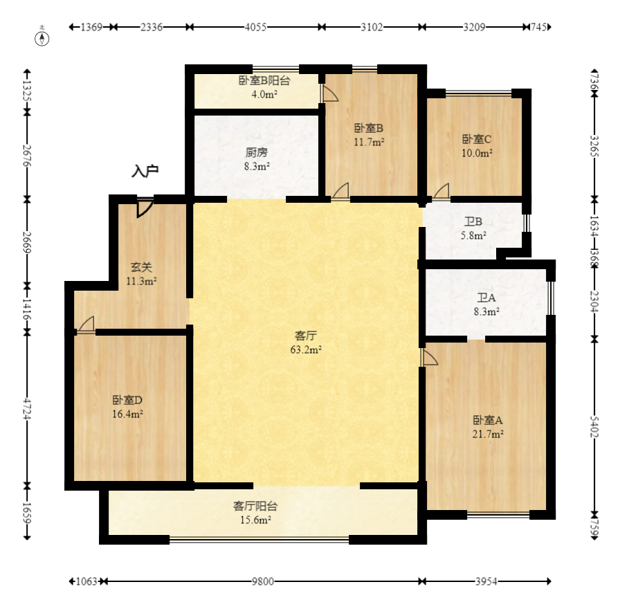 招商蛇口滨江境  4室2厅2卫   585.00万室内图1
