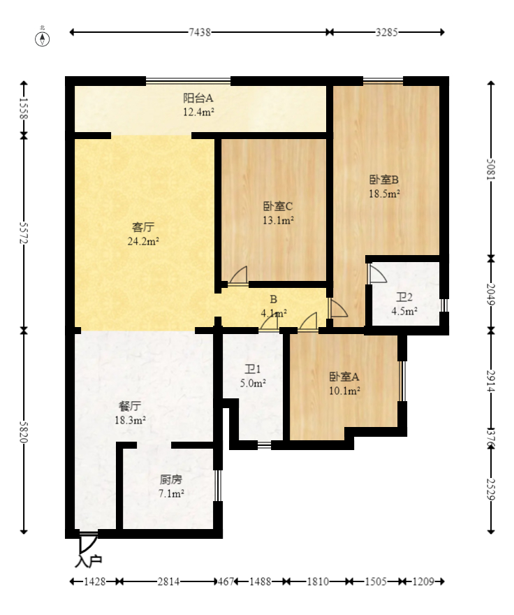 轨道万科悦府  3室2厅2卫   162.00万室内图1
