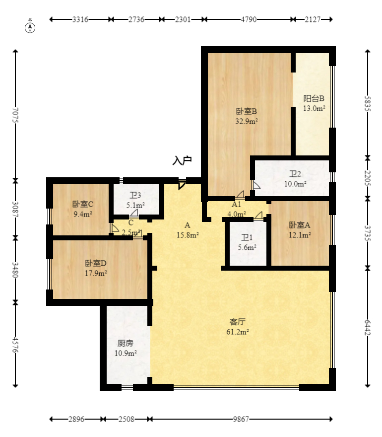 建发玖洲观澜  4室2厅3卫   251.00万室内图1