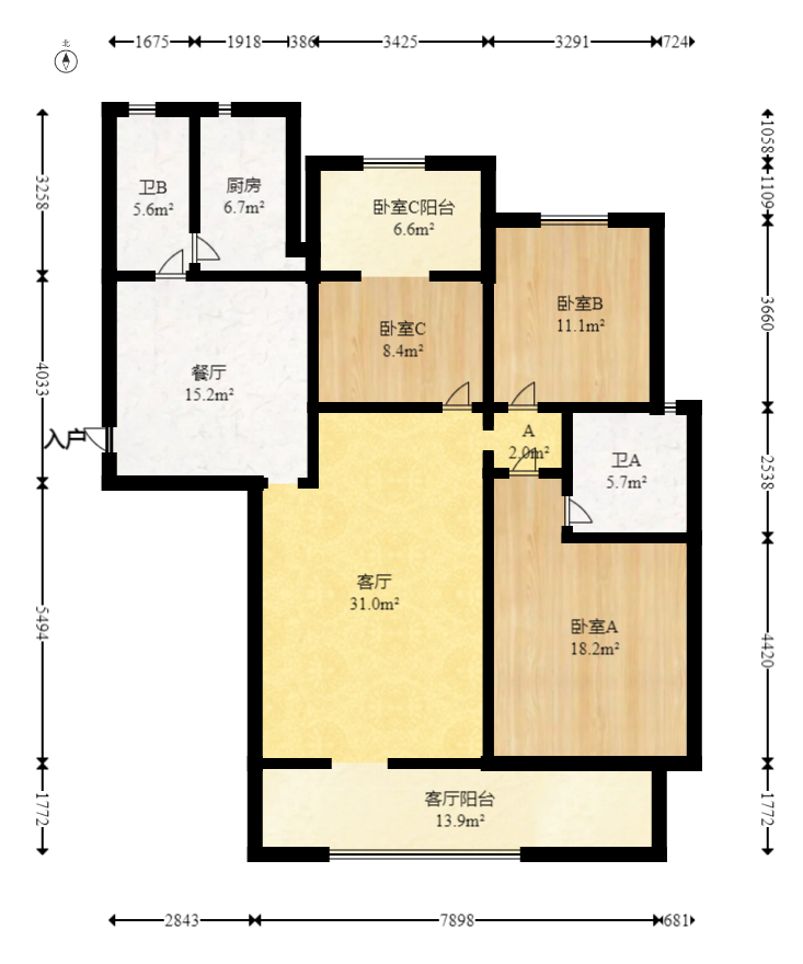 八方小区B区  3室2厅2卫   388.00万室内图1