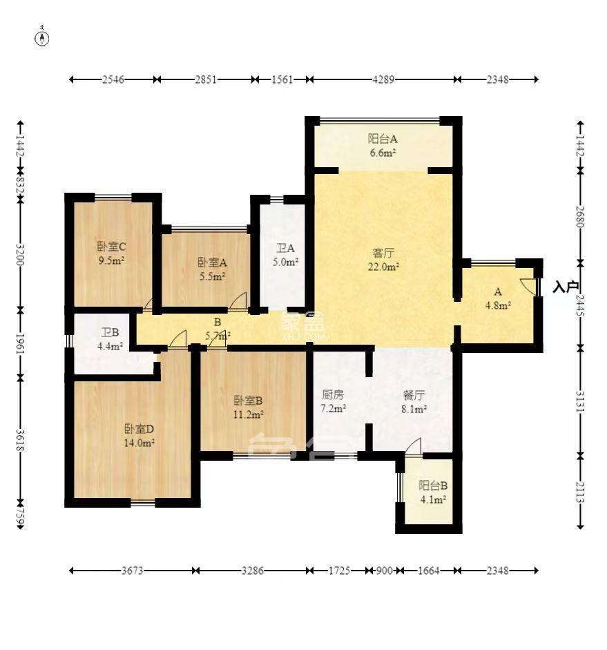 凯富南方鑫城  4室2厅2卫   3100.00元/月室内图1