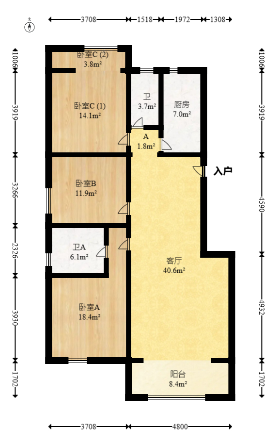 旺佳园  3室2厅2卫   80.00万室内图1