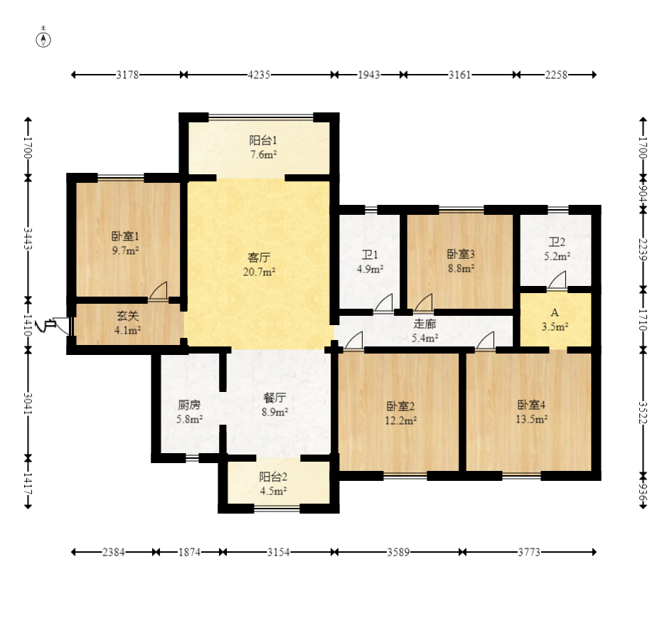 上海城小区  4室2厅2卫   113.60万室内图1