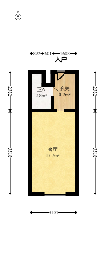 中一鲲出（鲲鹏府）  2室1厅1卫   45.00万室内图1
