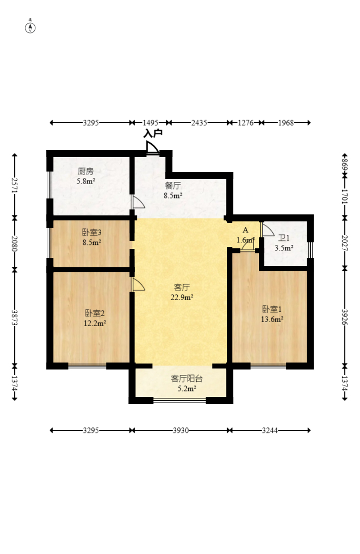 钱隆学府一、二期  3室2厅1卫    75.0万室内图1