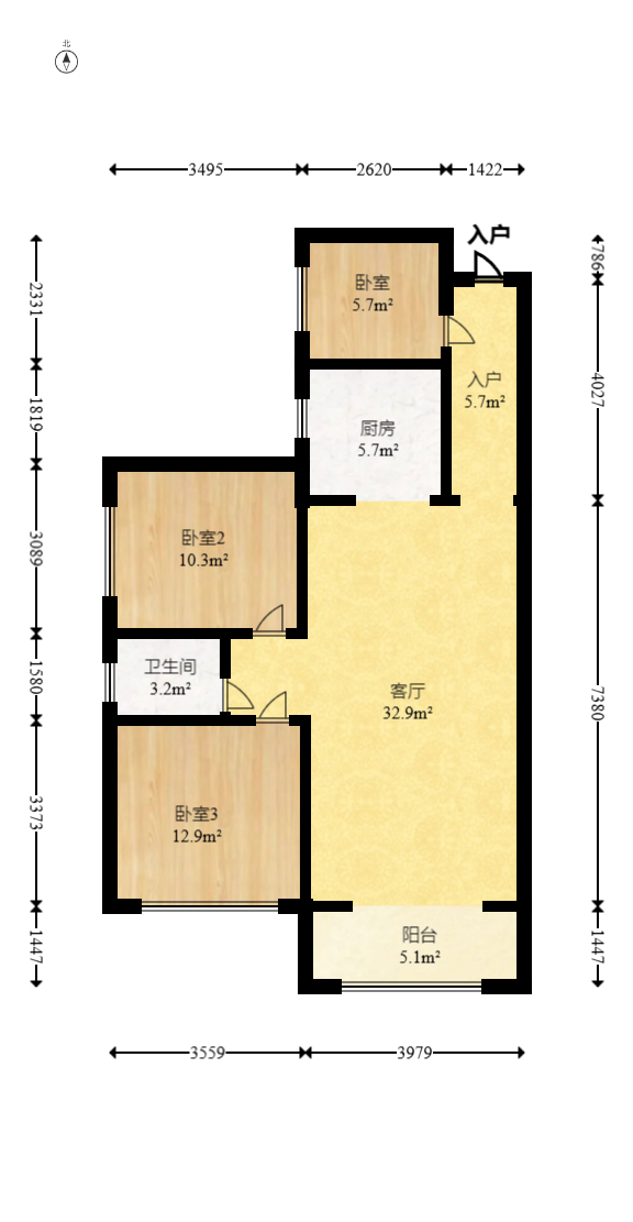 佳美紫郡  3室2厅1卫   55.00万室内图1