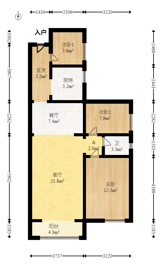 鸿邦国际城  3室2厅1卫   76.80万室内图1