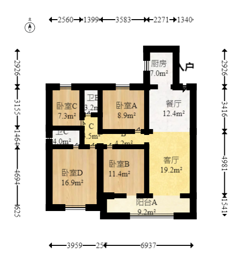 远洋红星天铂一期  4室2厅2卫   132.00万室内图1