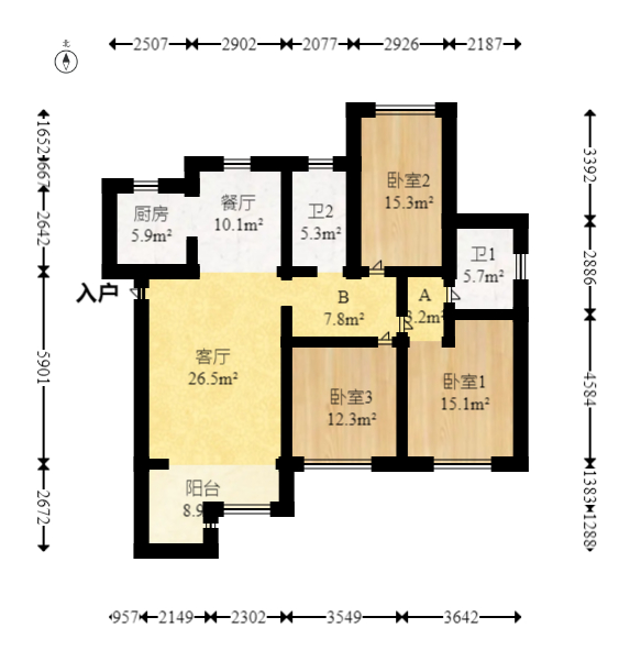 江南华府  3室2厅2卫   126.00万室内图1