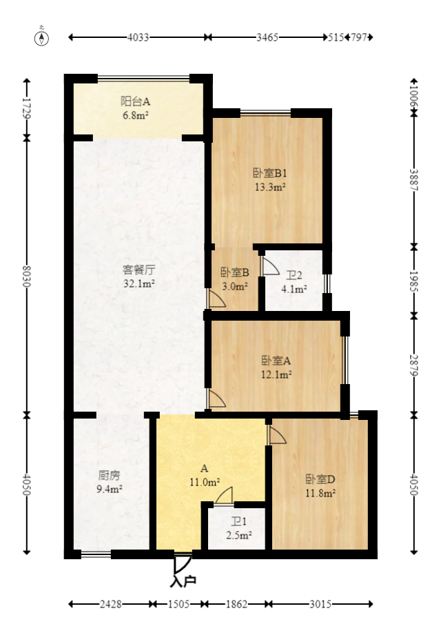 半山壹号  3室2厅2卫   118.00万室内图1