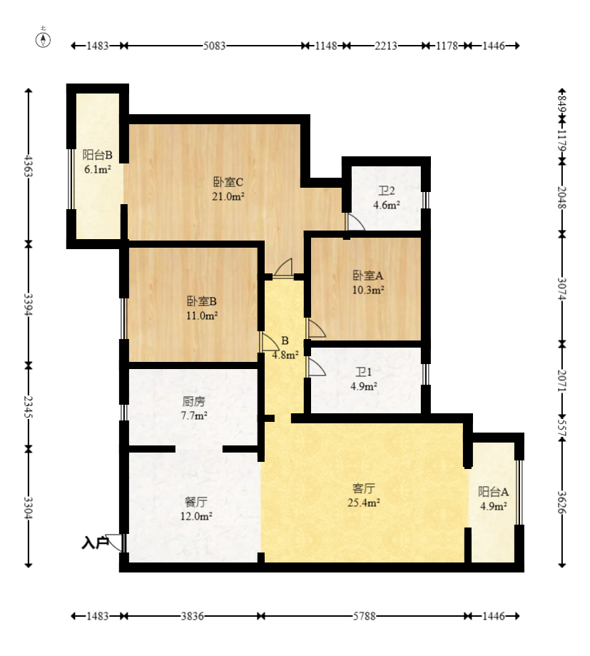 万树丹堤  3室2厅2卫   168.00万室内图1