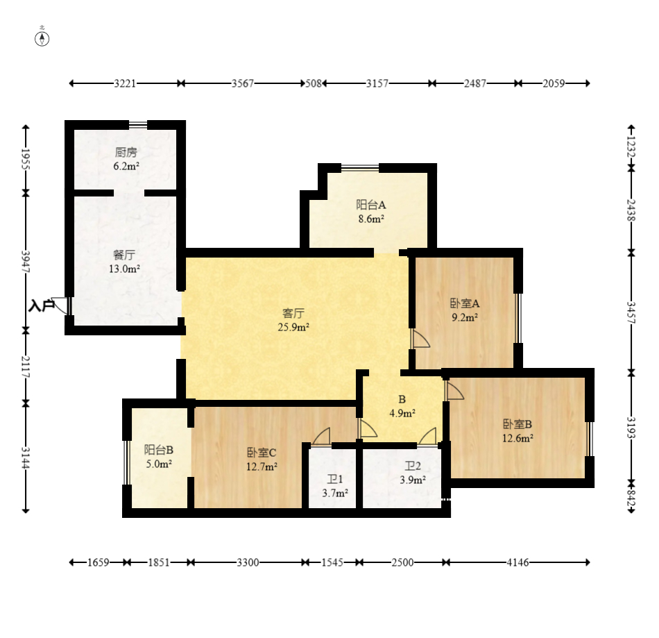 五江天街北区  3室2厅2卫   130.00万室内图1