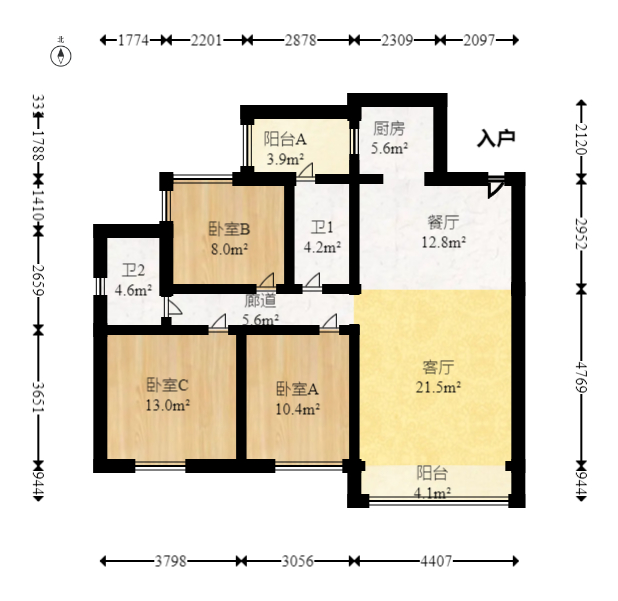 枫华府第  3室2厅2卫   66.00万室内图1