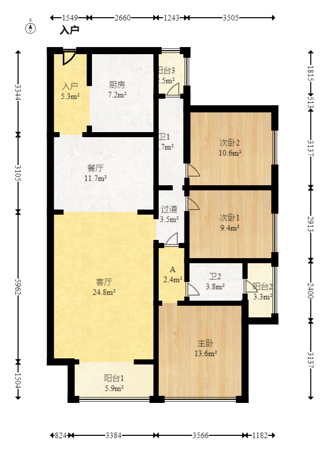 北辰瀚江府  3室2厅2卫   360.00万室内图1