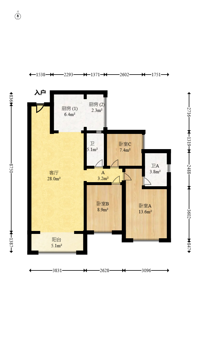 振业城四期  3室2厅2卫   155.00万室内图1