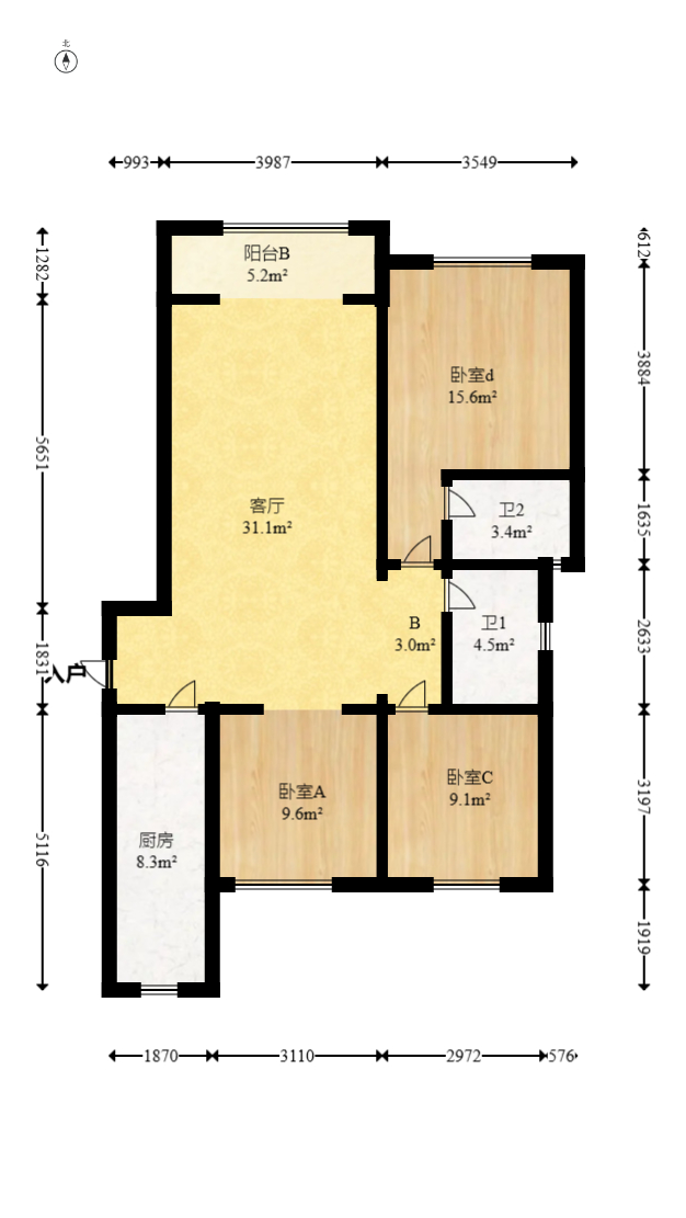 绿地之窗  3室2厅2卫   130.00万室内图1