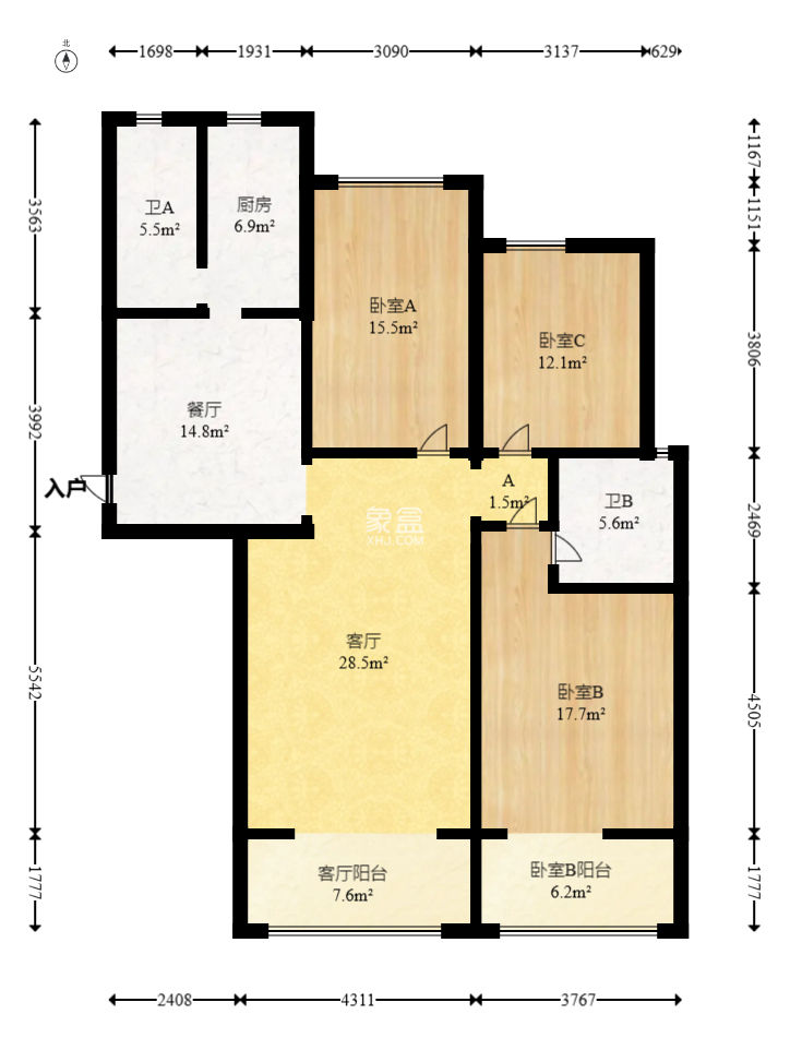 八方小区B区  3室2厅2卫   340.00万